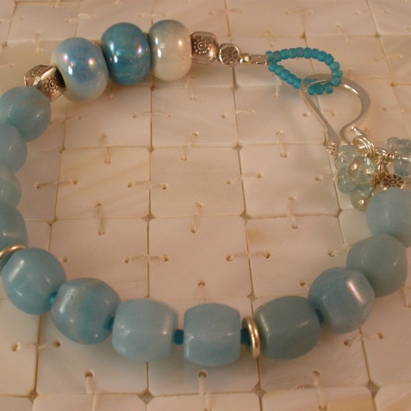 Christmas in July 30% Off, Amazonite Bracelet, Hill Tribe Silver, Aquamarine, Ceramic Beads, Blue Bracelet, Semi Precious Gemstones