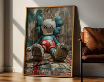 Kaws Graffiti Poster, Funny Hypebeast Decor, Minimalist Kaws Print, Leaning against, Modern Luxury Decor, Bedroom Wall Art, Digital Download
