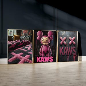 Pink KAWS Wall Art, Set of 3 Prints, Hypebeast Artwork, Digital Download Graffiti Poster, Street Art KAWS Figure for Minimalist Interiors
