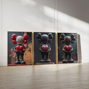 KAWS Holding Heart Prints, set of 3, Gallery Wall Art, Printable KAWS Poster, Modern Hypebeast Decor, Minimalist Artwork, Digital Download