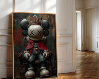 El rey Kaws en un trono, diseño divertido de Hypebeast, impresión minimalista de graffiti de Kaws, decoración de lujo moderna, arte de pared para dormitorio, descarga digital