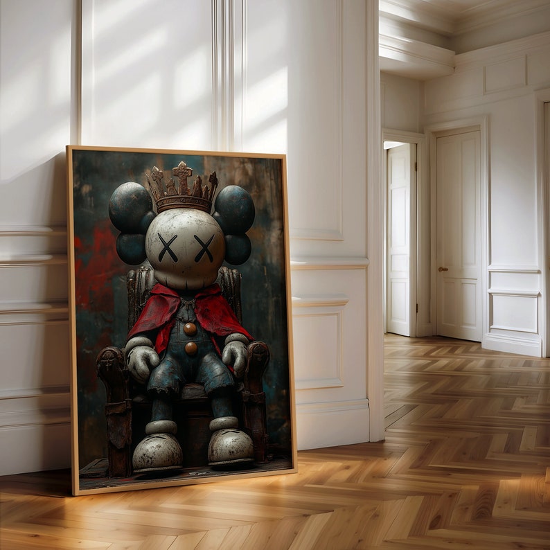May include: A digital art print of a cartoon character wearing a crown and sitting on a throne. The character has a red cape and blue clothing. The background is a dark, textured surface.