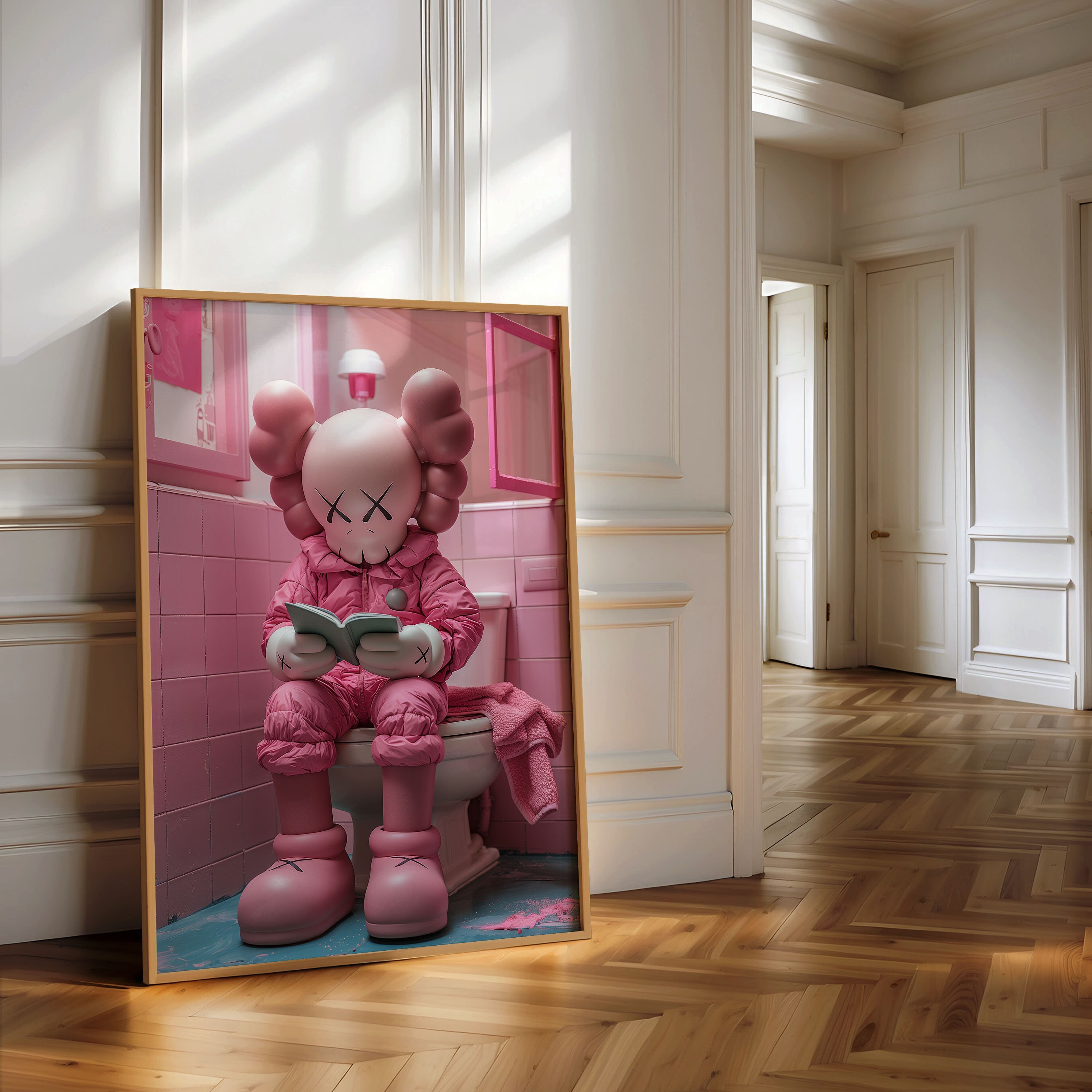 Pink Kaws on Toilet, Funny Hypebeast Design, Minimalist Kaws Graffiti