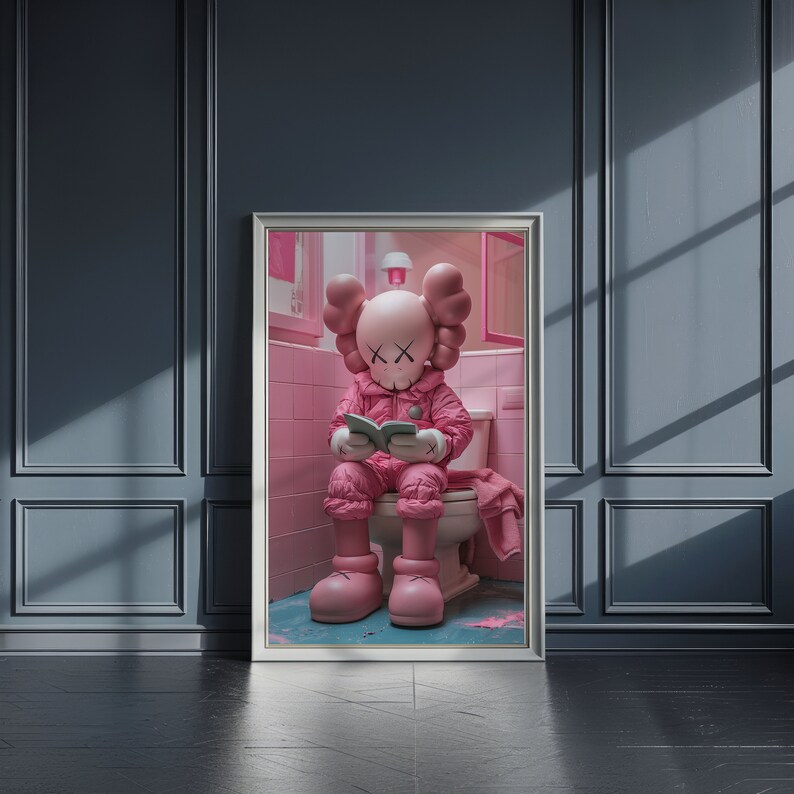Pink Kaws on Toilet, Funny Hypebeast Design, Minimalist Kaws Graffiti