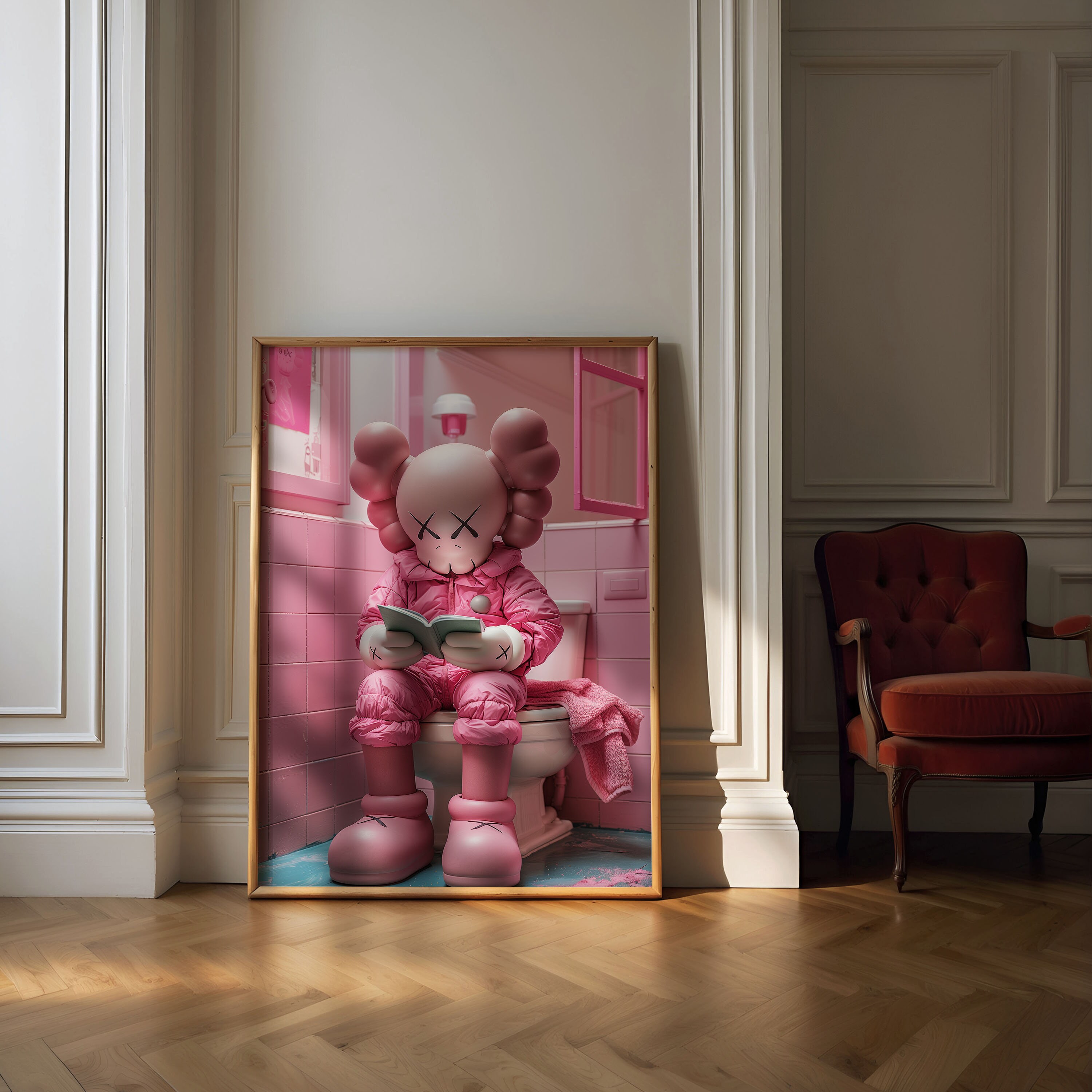 Pink Kaws on Toilet, Funny Hypebeast Design, Minimalist Kaws Graffiti