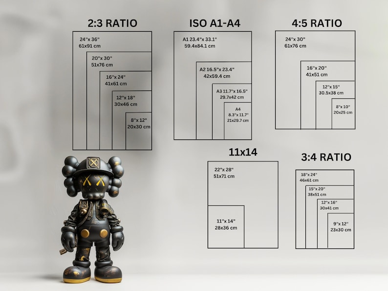 May include: A black and gold figurine stands in front of a diagram showing print sizes in inches and centimeters, including 2:3, ISO A1-A4, 4:5, 11x14, and 3:4 ratios. The figurine has a cross-eyed face and a construction worker's hat.