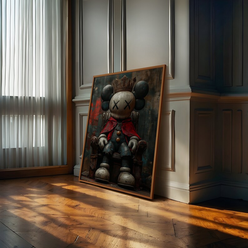 May include: A framed painting of a cartoon character wearing a crown and a red cape, sitting on a throne. The character has a white face with black X-shaped eyes and a blue and white outfit.