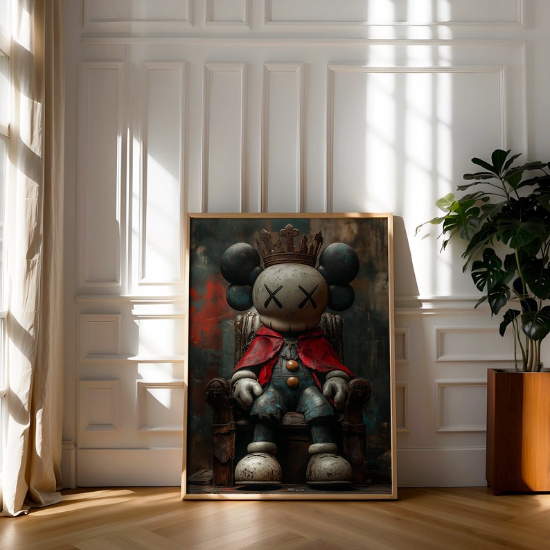May include: A blue and gray toy figure wearing a red cape and a crown sits on a throne. The figure has a white face with black X's for eyes. The throne is made of wood and has a dark brown finish.