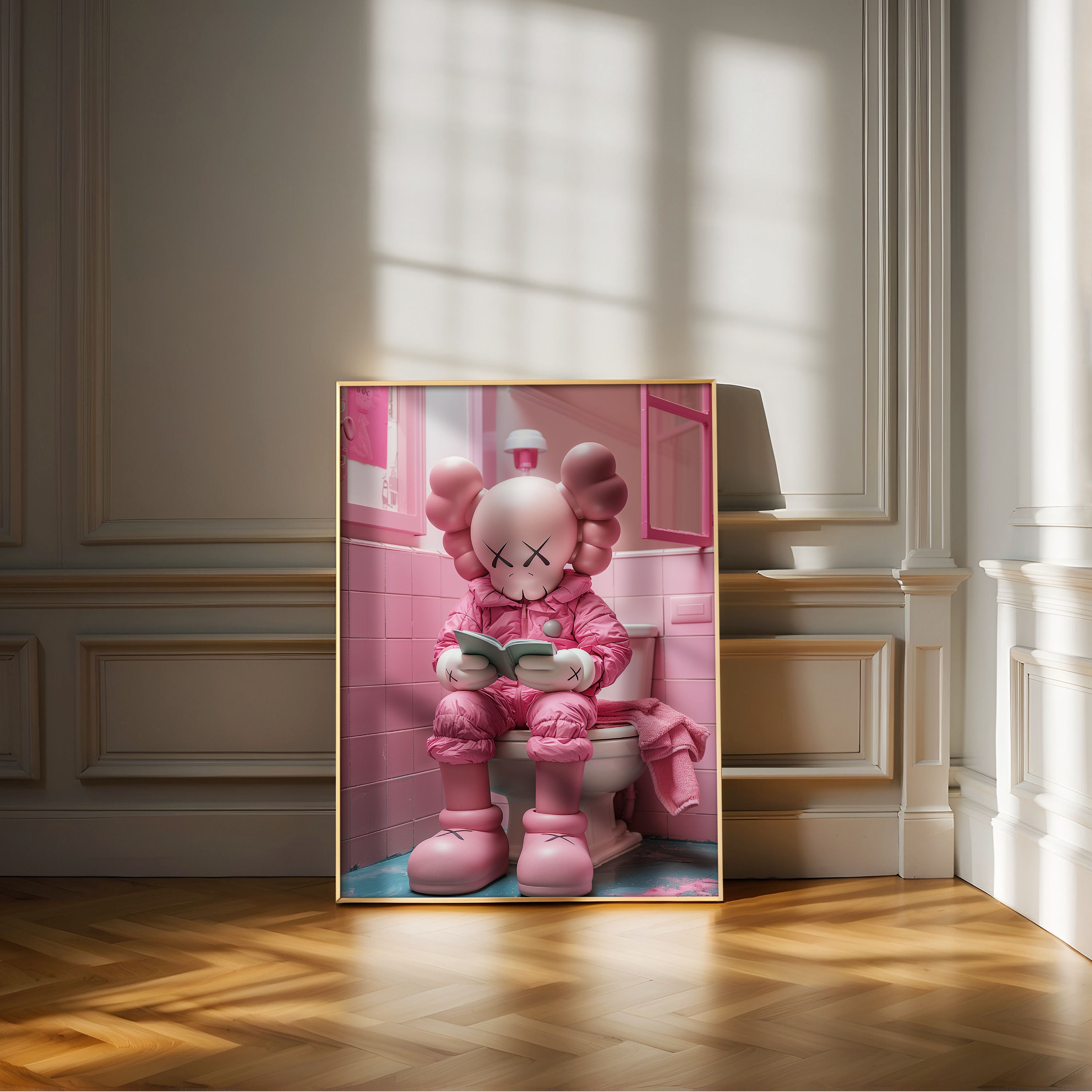 Pink Kaws on Toilet, Funny Hypebeast Design, Minimalist Kaws Graffiti