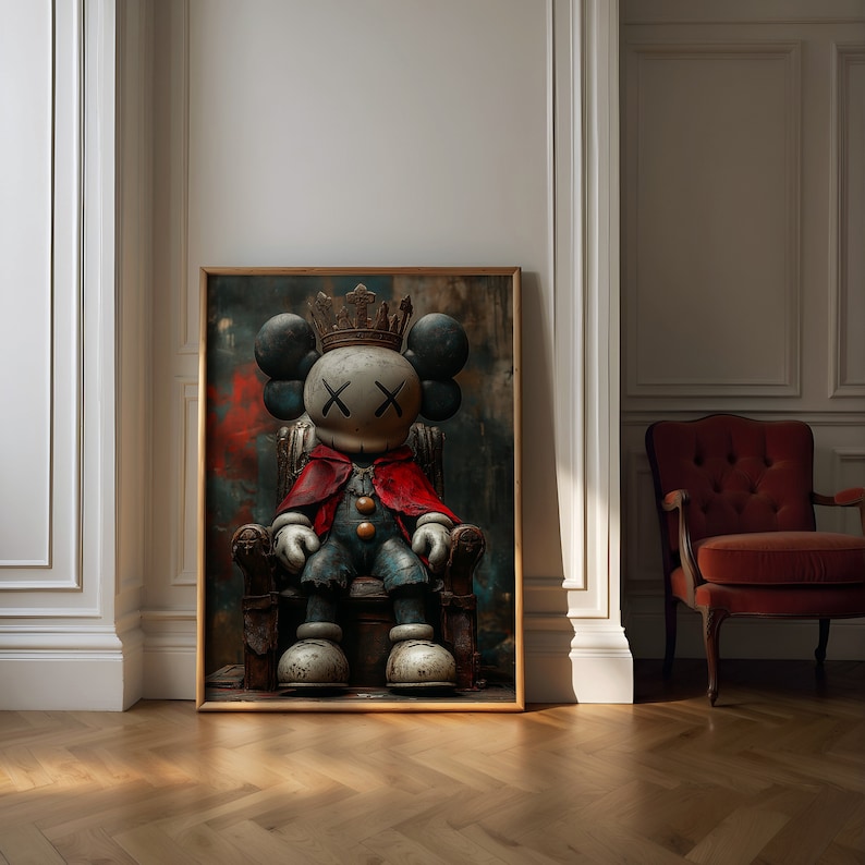 May include: A toy figure of a king wearing a crown and a red cape, sitting on a throne. The figure has a blue and gray body with a white face and black X eyes. The background is a dark, abstract painting.