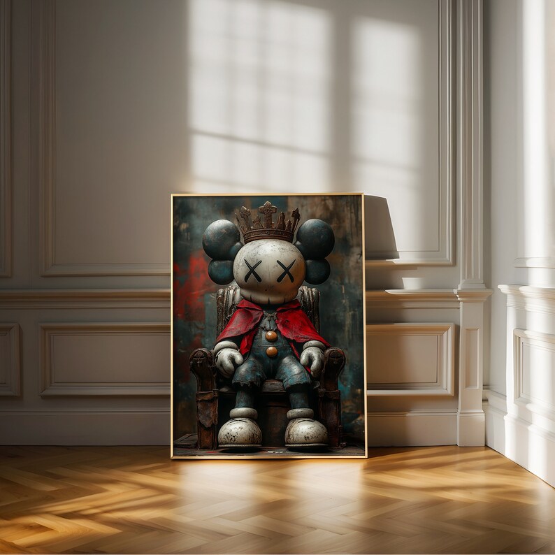May include: A digital art print of a cartoon character wearing a crown and sitting on a throne. The character has a red cape and a blue and white outfit. The background is a dark, textured surface.