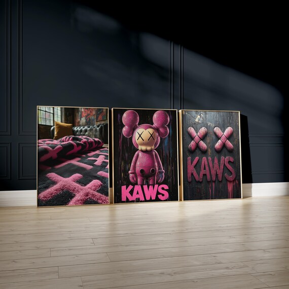 Pink KAWS Wall Art, Set of 3 Prints, Hypebeast Artwork, Digital Download Graffiti Poster, Street Art KAWS Figure for Minimalist Interiors