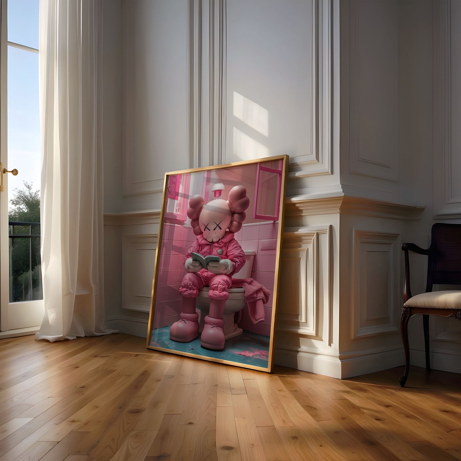 Pink Kaws on Toilet, Funny Hypebeast Design, Minimalist Kaws Graffiti Print, Modern Luxury Decor ...