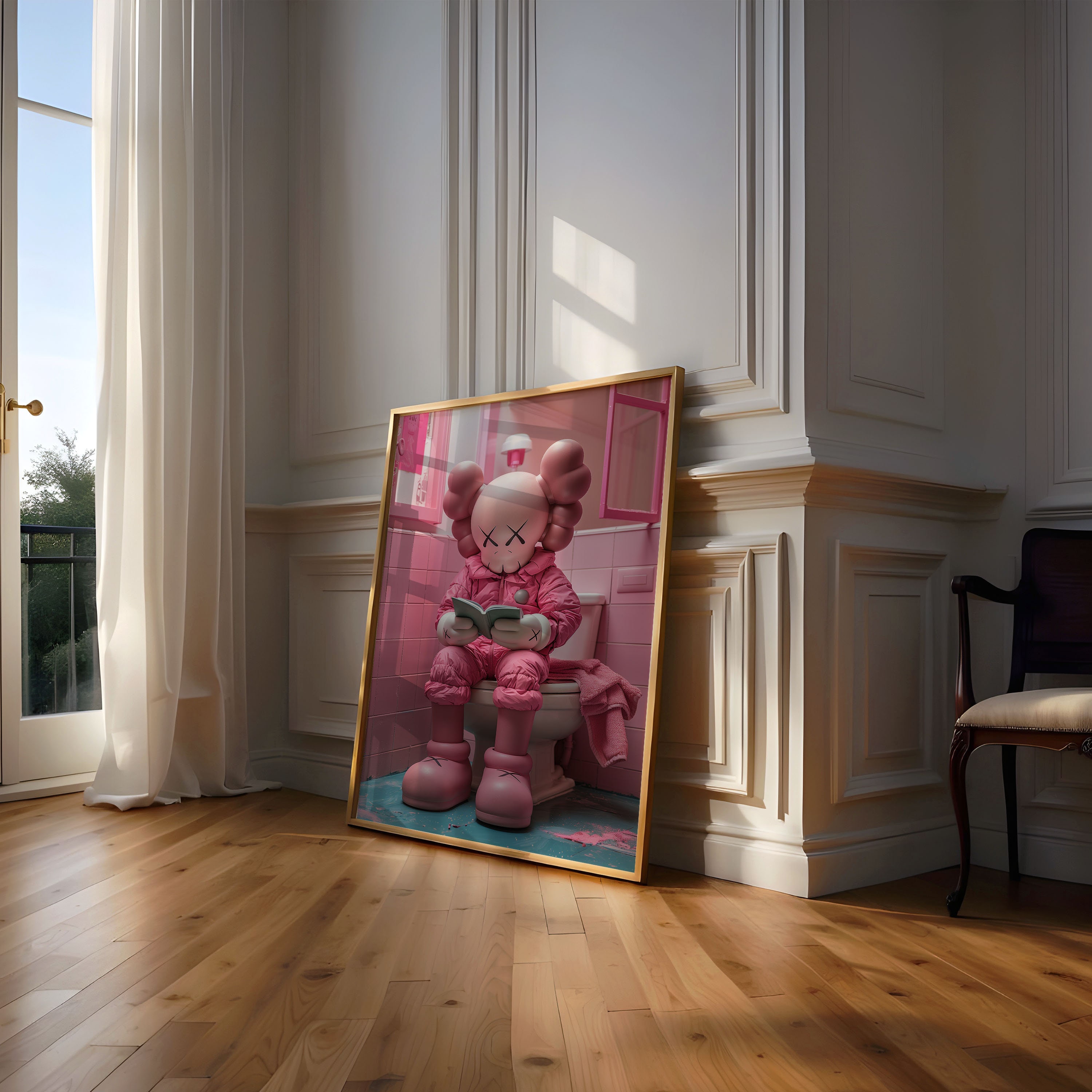 Pink Kaws on Toilet, Funny Hypebeast Design, Minimalist Kaws Graffiti