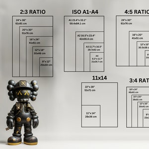 May include: A chart showing different aspect ratios for printing, including 2:3, 4:5, 3:4, and ISO A1-A4. The chart includes measurements in inches and centimeters. An illustration of a black and gold robot figure is in the lower left corner.