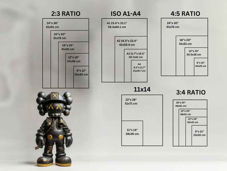 May include: A chart showing different aspect ratios for printing, including 2:3, 4:5, 3:4, and ISO A1-A4. The chart includes measurements in inches and centimeters. An illustration of a black and gold robot figure is in the lower left corner.