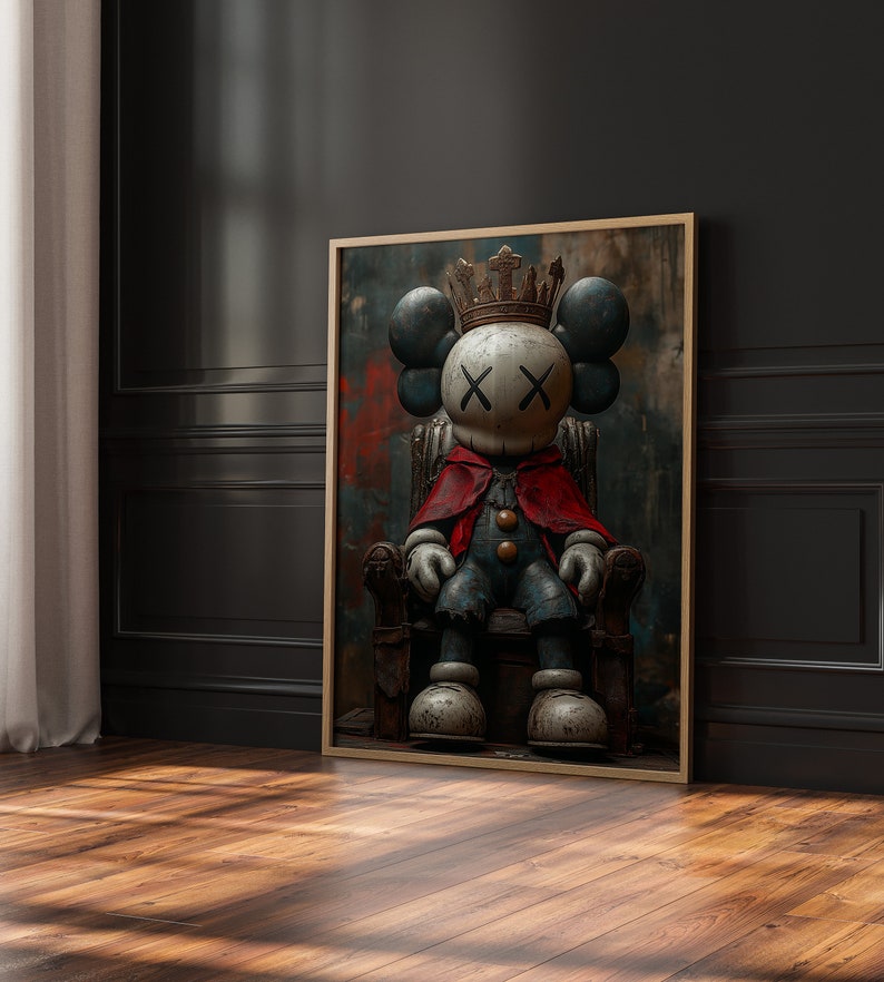 May include: A framed illustration of a cartoon character wearing a crown and sitting on a throne. The character is wearing a red cape and blue pants. The background is a dark, abstract painting.