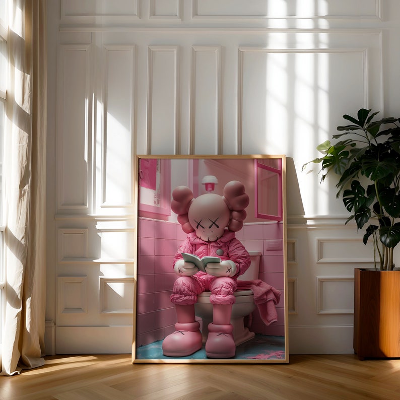 Pink Kaws on Toilet, Funny Hypebeast Design, Minimalist Kaws Graffiti