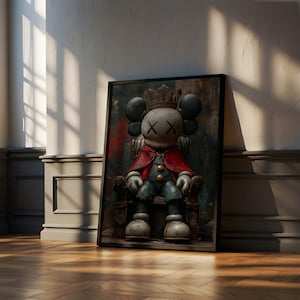 May include: A framed painting of a cartoon character wearing a crown and sitting on a throne. The character has a red cape and blue overalls. The background is a dark blue and red abstract design.