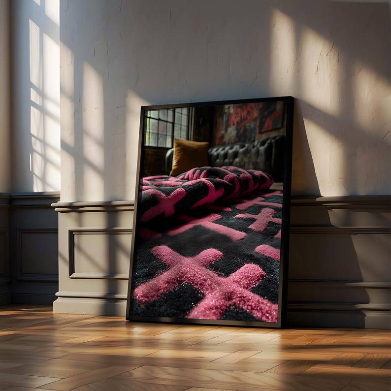 May include: A framed artwork featuring a black and pink rug with a cross pattern. The rug is displayed in a room with a leather sofa and a window. The artwork is leaning against a wall with sunlight streaming across the wooden floor.