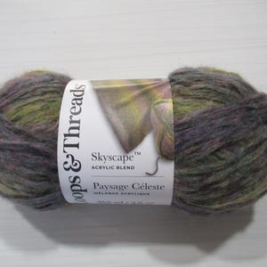 May include: A skein of Loops & Threads Skyscape acrylic blend yarn. The yarn is a mix of colors including green, purple, and gray. The label reads "Skyscape Acrylic Blend" and "Paysage Céleste Mélange Acrylique". The yarn is 262 yds / 3.5 oz.