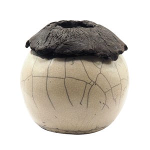 Naked Raku Volcanic Style Japanese Vase Cracked Glaze Texture Top Signed Collectible Art Piece