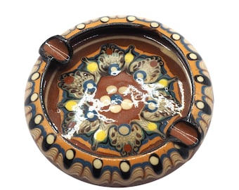 Handcrafted Ceramic Mandala Ashtray With Glaze Finish Dual Holders