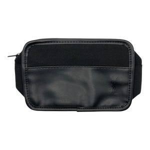 May include: Black rectangular fanny pack with a zippered top and a black elastic strap. The front features a black leather-like panel with the Yves Saint Laurent logo and the word "PARFUMS" printed below.