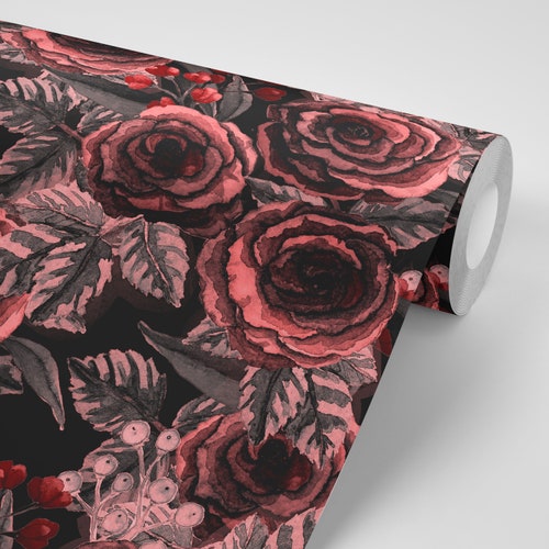 Red Rose Peel and Stick Wallpaper Sketch Floral Self Etsy