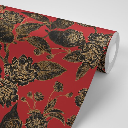 Wallpaper Black Gold Flowers on Red Peel & Stick Wallpaper Etsy