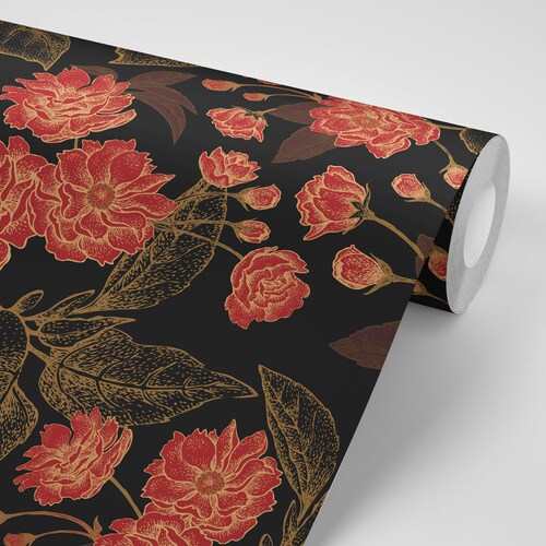 Wallpaper Red Flowers Gold Lined Leaves on Black Peel & Stick Etsy Canada