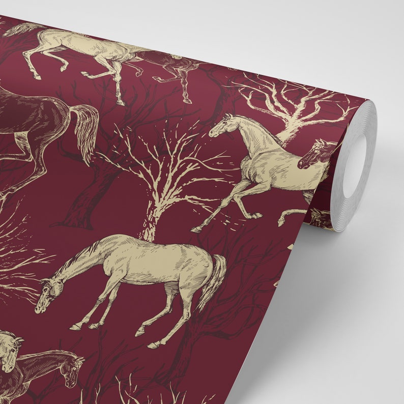 Wallpaper Gold Horses on Burgundy Peel & Stick Wallpaper | Etsy
