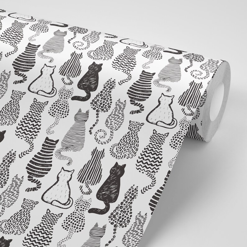 Wallpaper Black Cat Peel and Stick Illustration Etsy