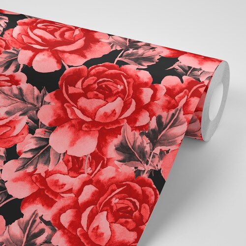 Wallpaper Black Gold Flowers on Red Peel & Stick Wallpaper Etsy