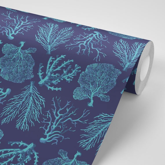 Wallpaper Coral Illustrations on Blue Peel & Stick Wallpaper Etsy