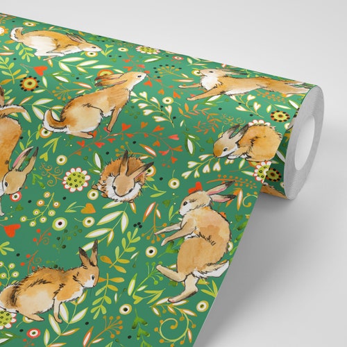 Bunny Rabbit Wallpaper Floral Peel and Stick - Etsy