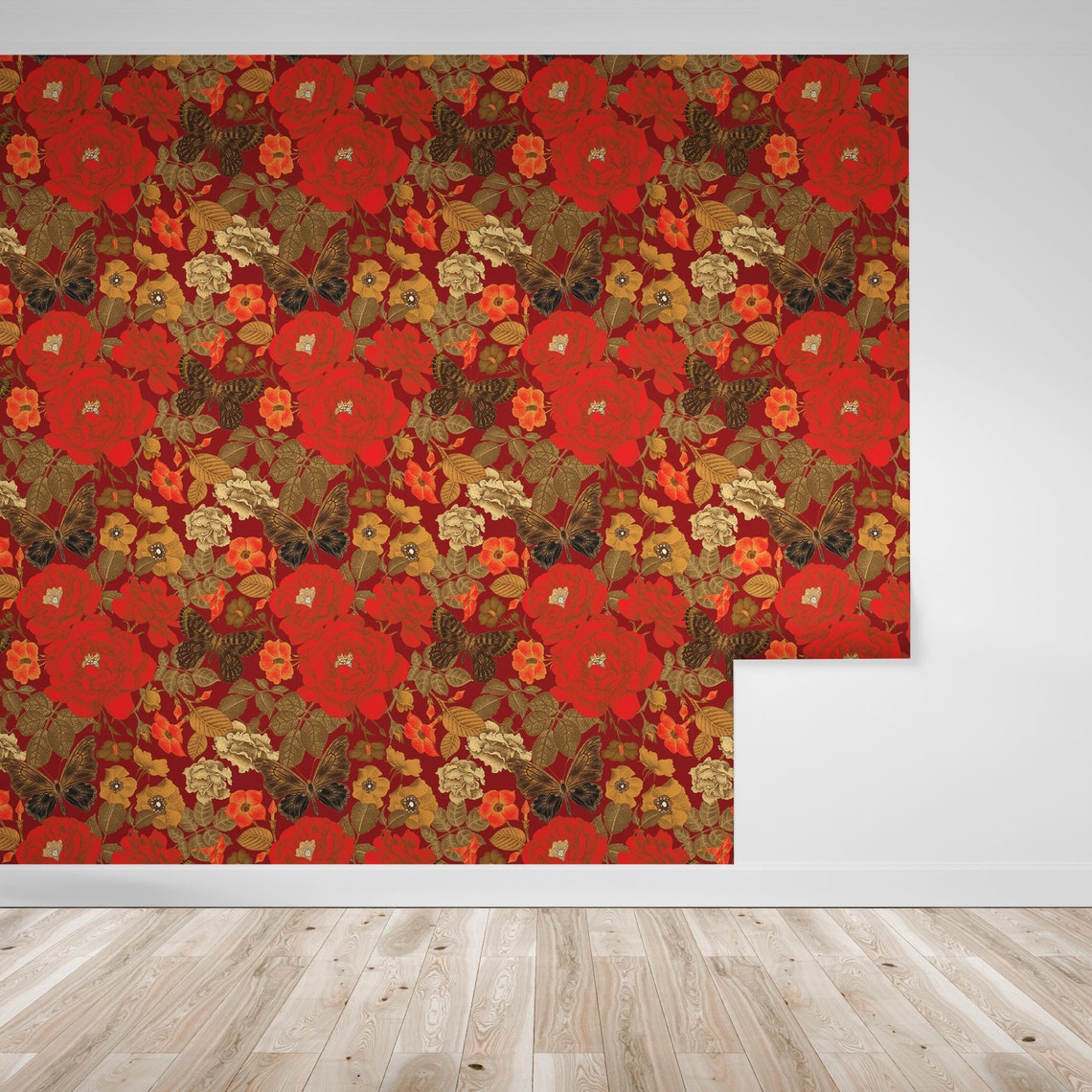 Wallpaper Poppies Butterflies on Burgundy Maroon Peel & Stick - Etsy