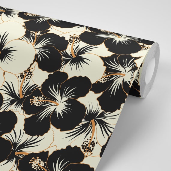 Papier Peint Japonais Noir Et Blanc Fleurs Florales Sur Noir Floral Peel Stick Wallpaper Livraison Gratuite Repositionnable