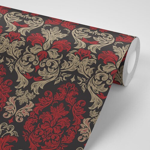 Wallpaper Black Gold Flowers on Red Peel & Stick Wallpaper Etsy