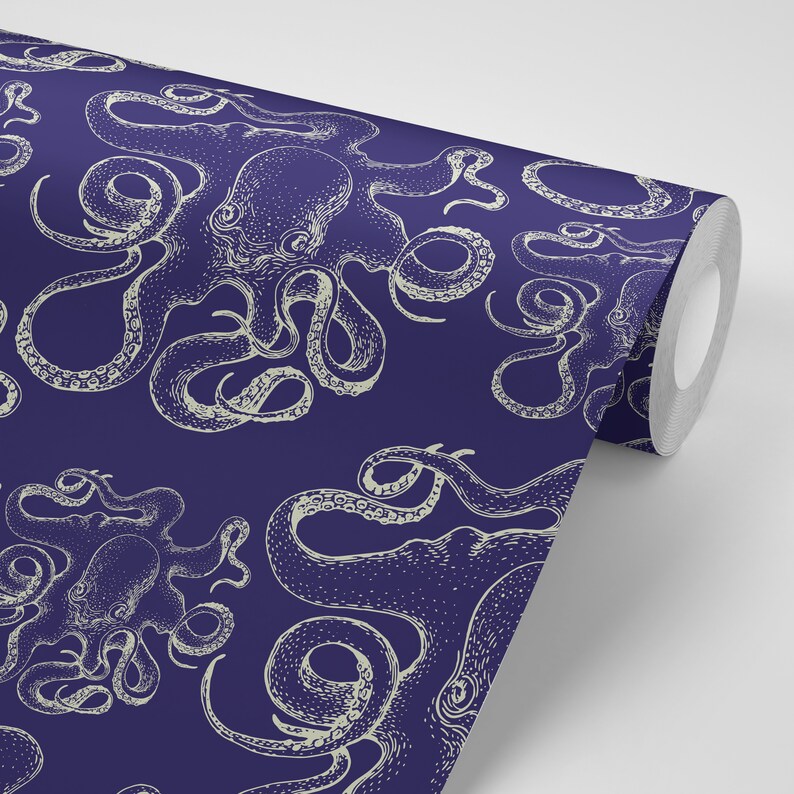 Wallpaper Octopus on Blue Ocean Life Sea Illustration Pattern | Etsy