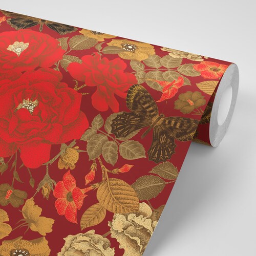 Wallpaper Poppies Butterflies on Burgundy Maroon Peel & Stick - Etsy