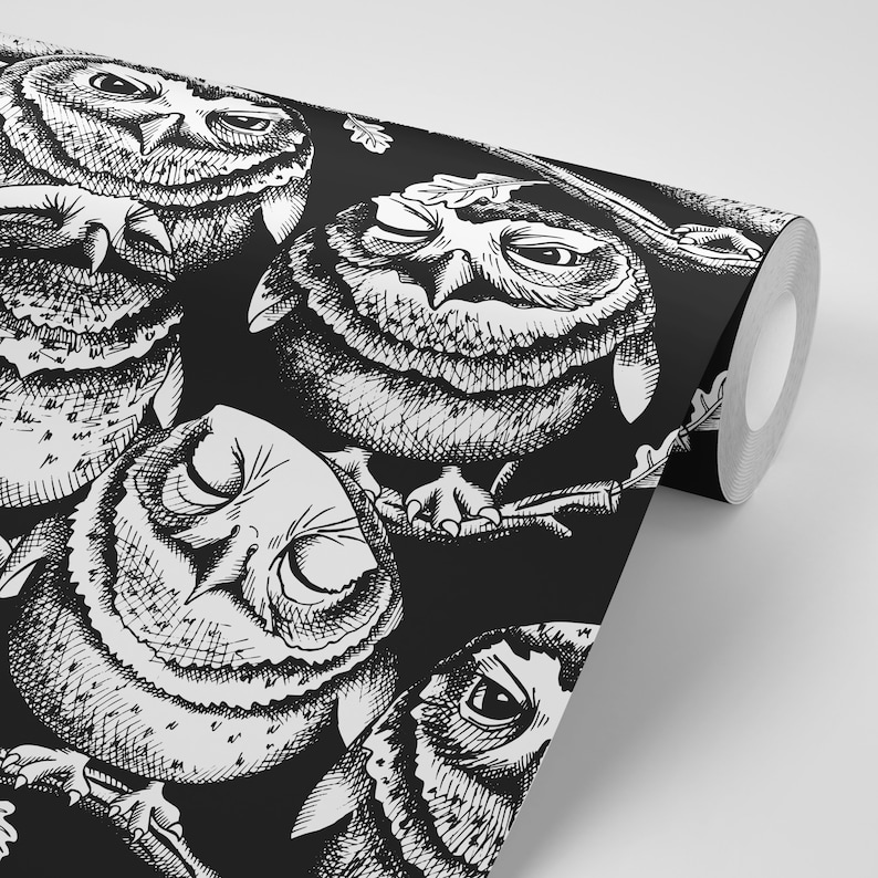 Wallpaper White Owls on Black Peel & Stick Customizable FREE Etsy