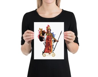May include: A print featuring a colorful illustration of a female figure in a red and white robe, holding a spear and a shield. She is wearing a golden helmet and standing on a pedestal. The background is white.
