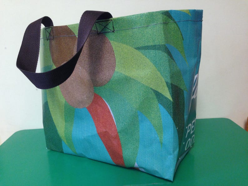 Upcycled vinyl shopping bag market tote