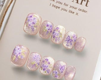 Handpainted Purple Floral Press On Nails/Purple Glitter Oval Nails/Reusable Romantic Spring Wearable Nail Art