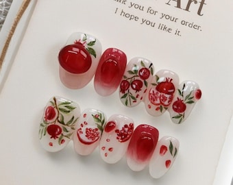 Handmade Pomegranate Press On Nails/Red Gradient Fruit Nail Art/Reusable Fake Nails/Spring Summer Floral Nails/Gift for Her/Custom Nail Size