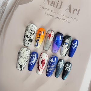 Haute Couture Collection| “Tartaglia” | paint Nail Set/Genshin Impact/Pure hand-painted/Gaming Fandom related nails/Handmade Press on Nails
