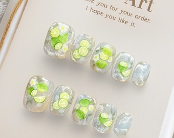 Sip into Summer!/Refreshing Lime & Ice Press On Nails/Perfect for Beach Day Pool Parties/Handmade Nail Art/Glittery Green Fruit Nails