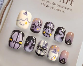 Pastel Goth Nails, Kawaii Ghost Nails, Cute Goth Nails, Ghost Press Ons, Cute Spooky Nails, Purple Bat Nail Art