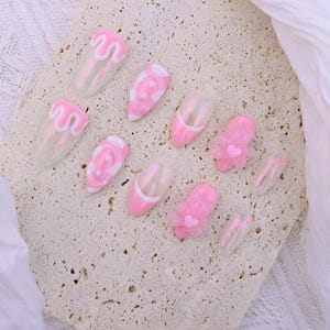 Dreamy Pink Press On Nails/3D Raised Art/Valentines Wedding Nails Bridesmaids/Summer Nails/Handmade Press on Nails/Cute Candy Bear Nails
